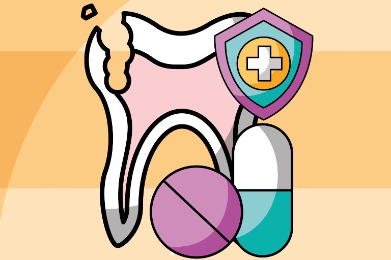 An illustration of a tooth with pills and a shield.